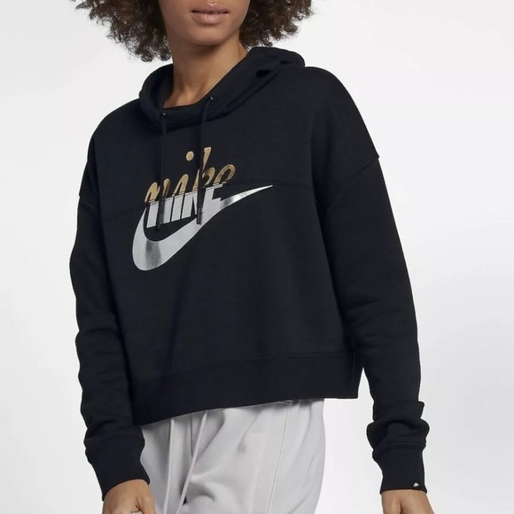 Nike Woman’s Metallic Rally Cropped Black Gold Hoodie Size Large - Picture 1 of 10